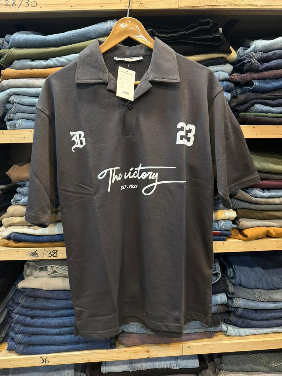 Polo Collar Cotton Jersey Downshoulder Gray