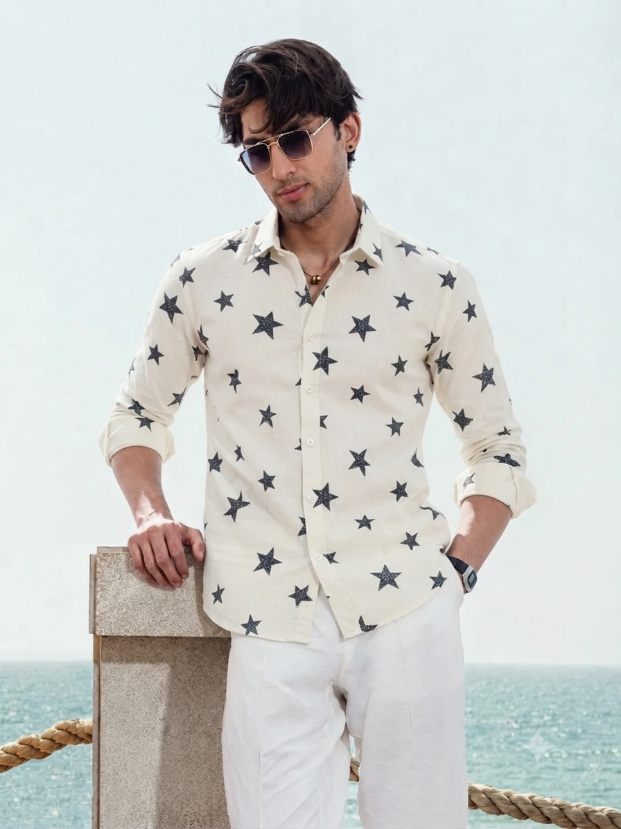 Cream Star Print Beach Shirt