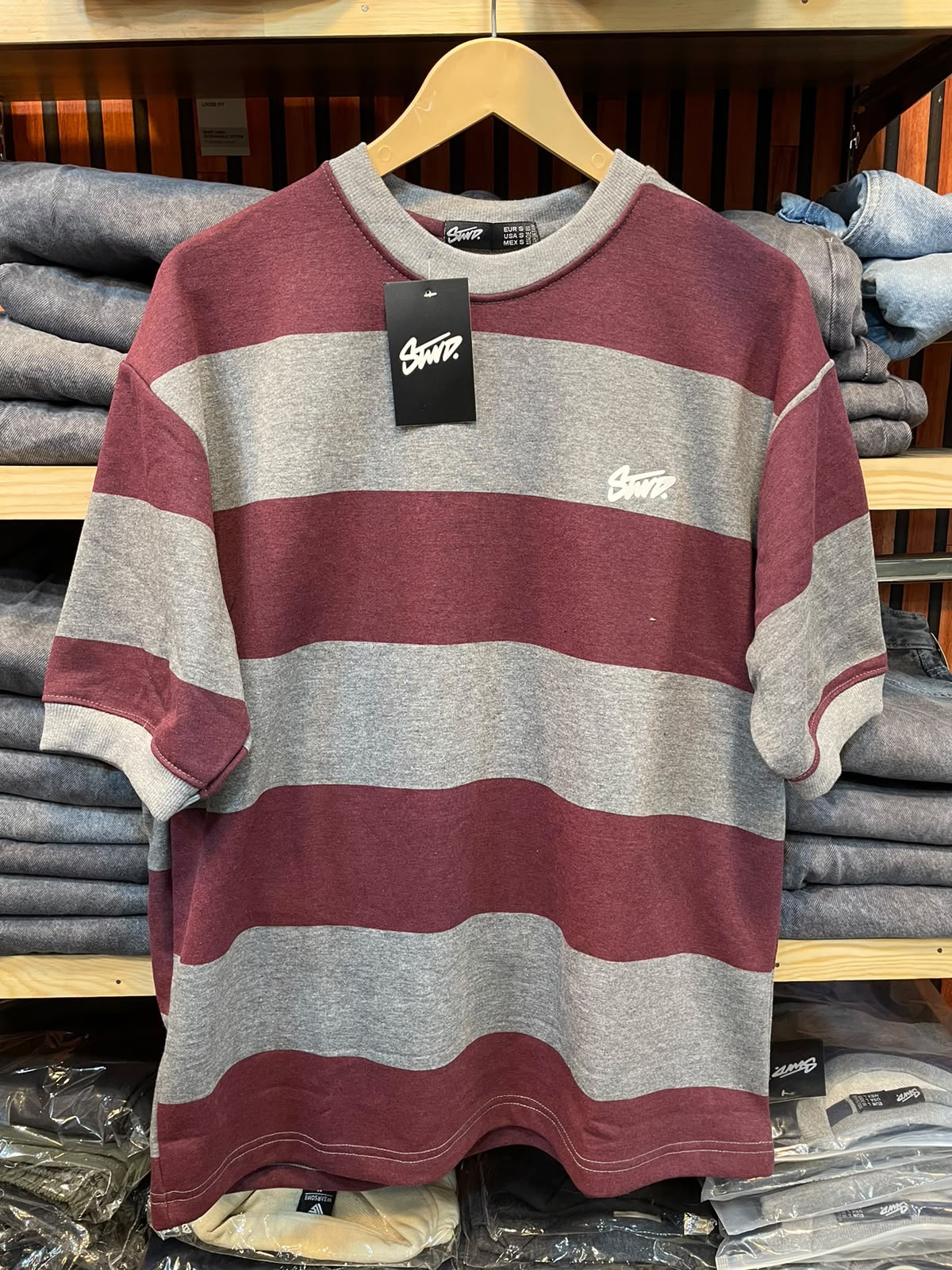 Maroon & Grey Striped Oversized Tee