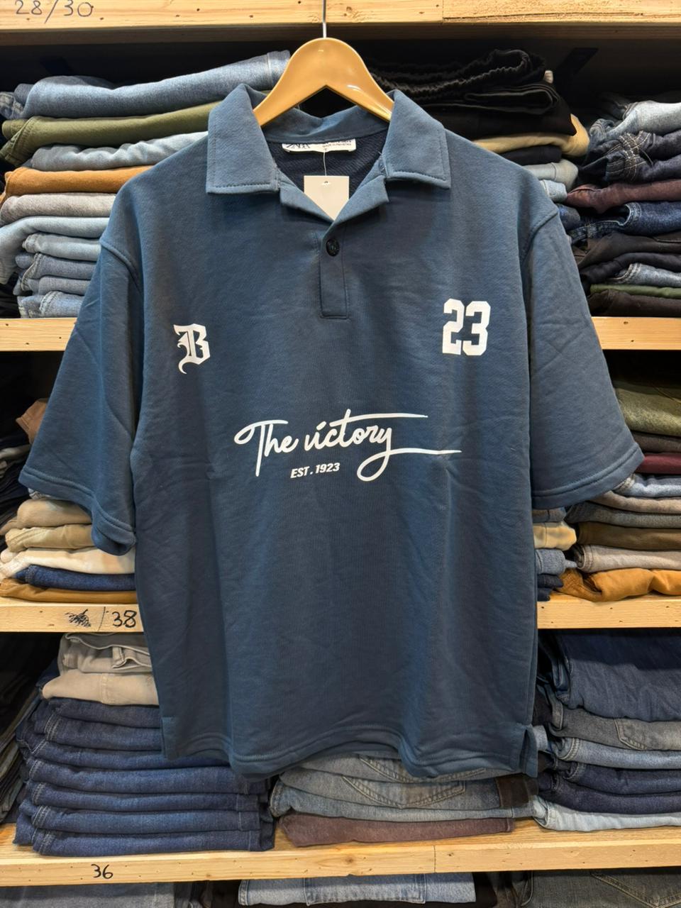 Polo Collar Cotton Jersey Downshoulder Dusty Blue