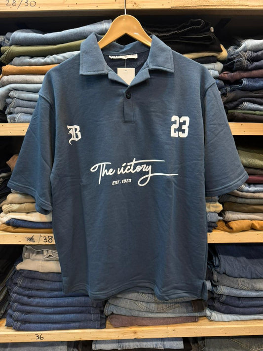 Polo Collar Cotton Jersey Downshoulder Dusty Blue