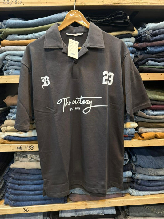 Polo Collar Cotton Jersey Downshoulder Gray