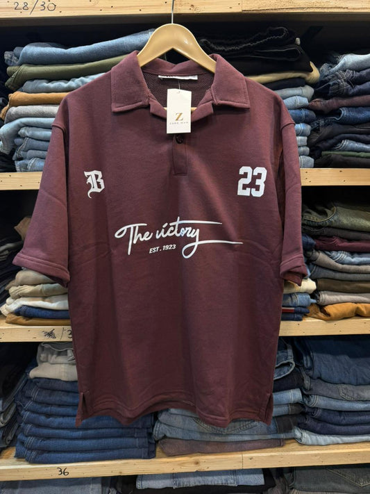 Polo Collar Cotton Jersey Downshoulder Burgundy