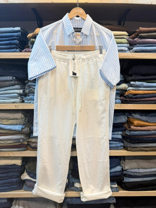 Boxy Fit Top – Irish Linen Trouser – Sky Blue Stripe