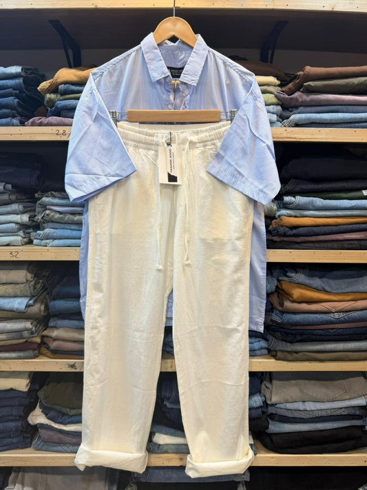Boxy Fit Top – Irish Linen Trouser – Powder Blue Stripe