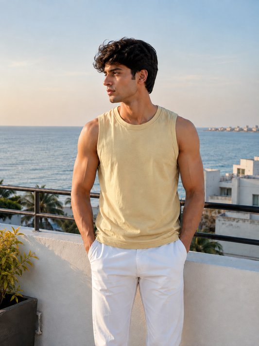 Men's Beige Cotton Tank Top