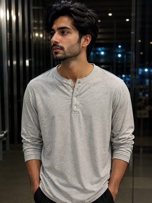 Henley Cotton Jersey Full Sleeve Heather Grey