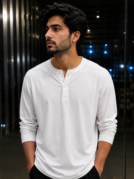Henley Cotton Jersey Full Sleeve White