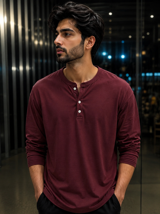 Henley Cotton Jersey Full Sleeve Maroon