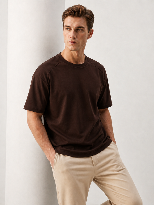 Oversized Terry Down Shoulder T-Shirt – Brown