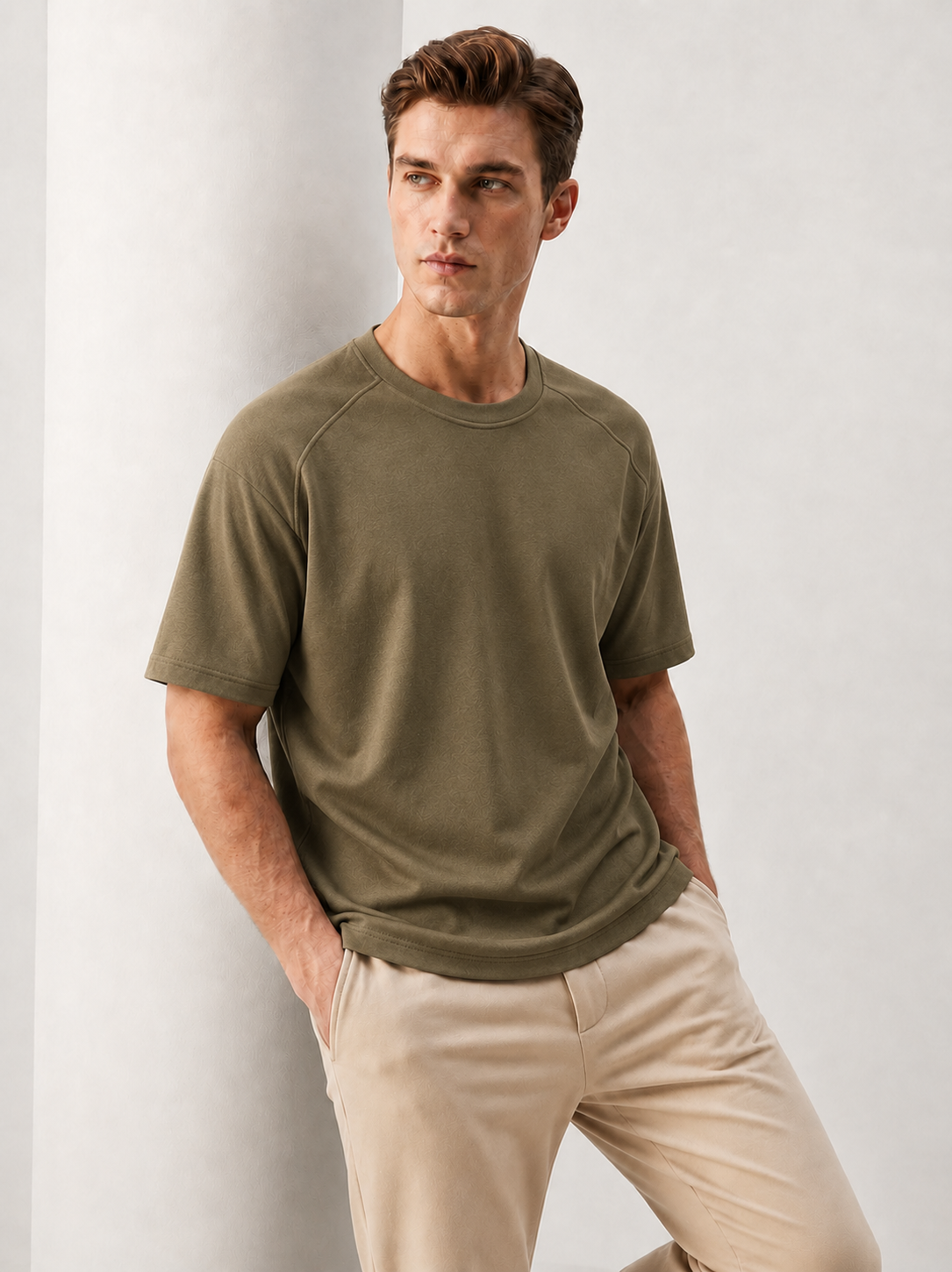 Oversized Terry Down Shoulder T-Shirt – Olive Green