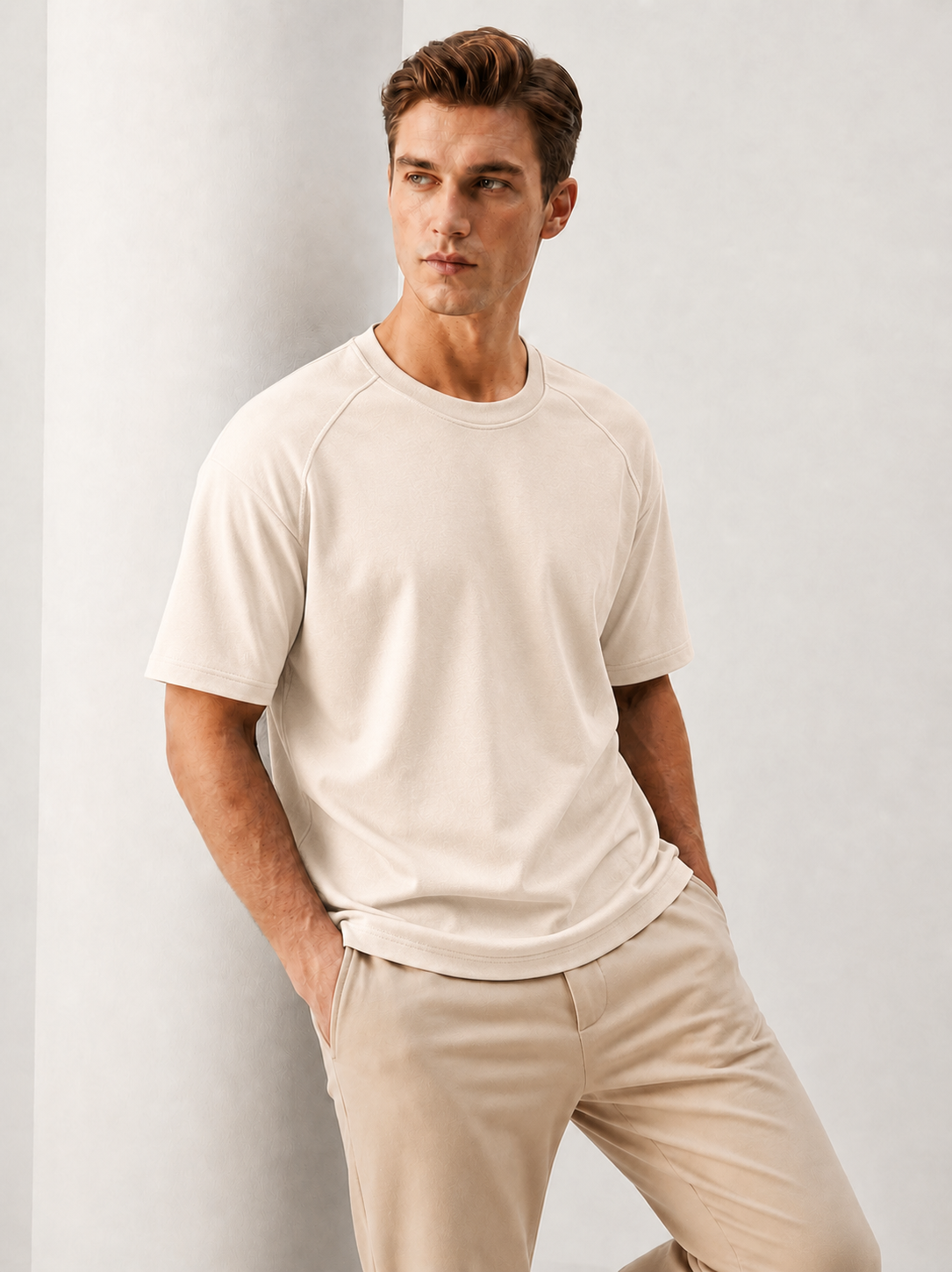 Oversized Terry Down Shoulder T-Shirt – Beige