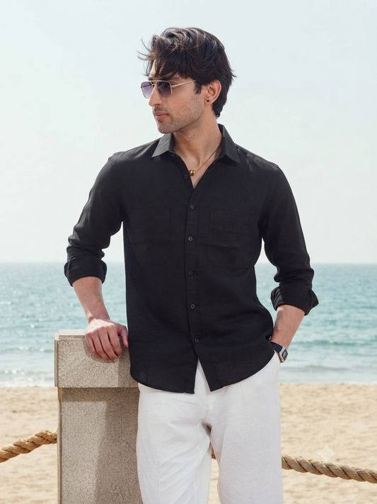 Irish Linen Oversized Crop Shirt – Black