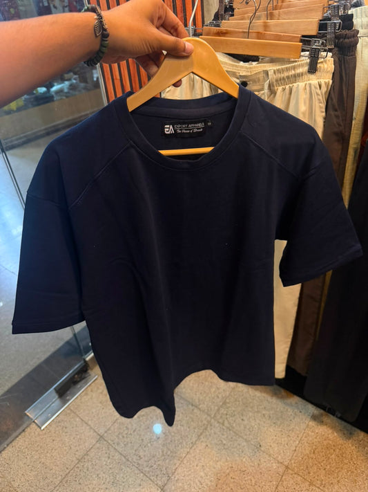Oversized Terry Down Shoulder T-Shirt – Navy Blue