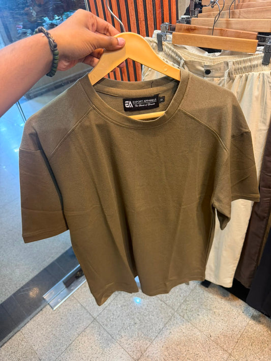 Oversized Terry Down Shoulder T-Shirt – Olive Green