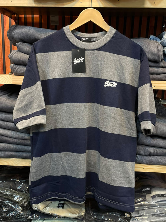Navy & Grey Striped Oversized Tee