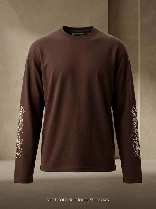 Script Sleeve Boxy Long Sleeve Tee: Chocolate Brown