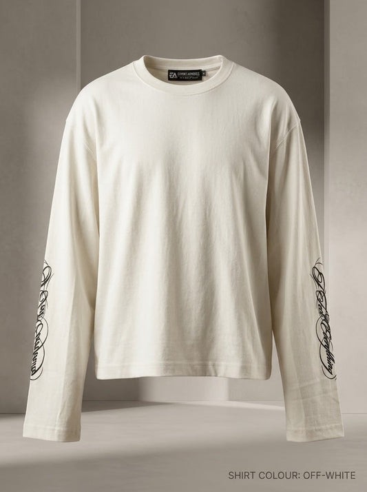 Script Sleeve Boxy Long Sleeve Tee: Off-White
