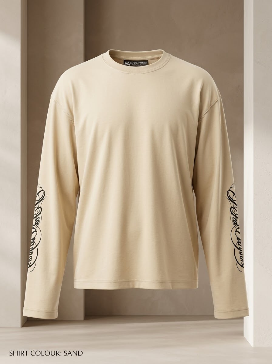 Script Sleeve Boxy Long Sleeve Tee: Sand Beige
